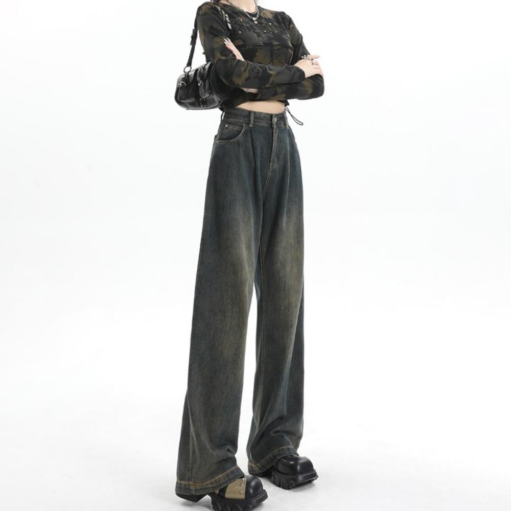 Lazy Wind High Waist Wide Legs Cement Gray Jeans Women's Thin Loose Versatile Straight Drape Pants