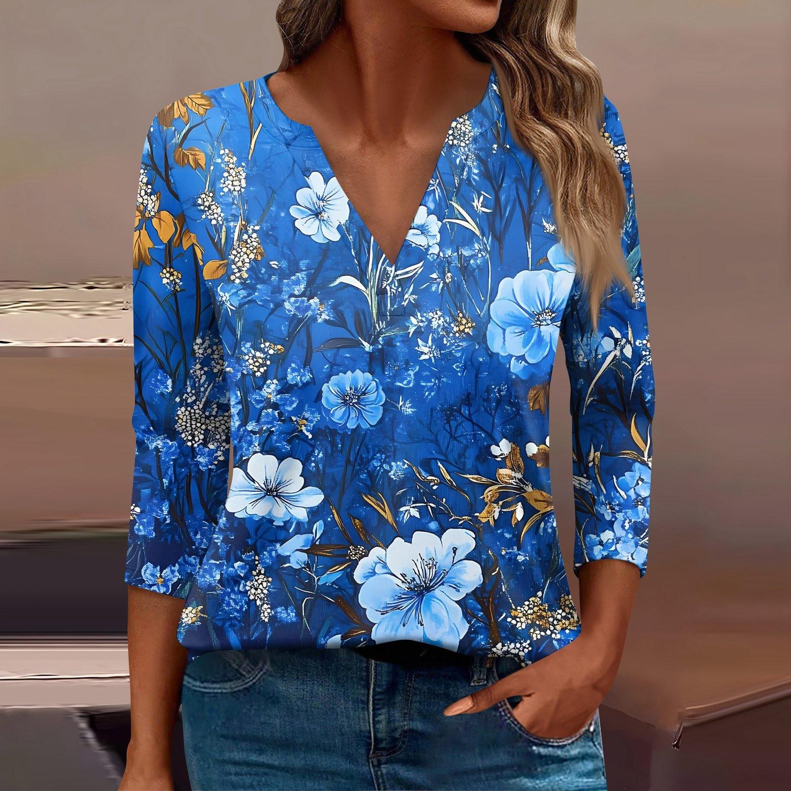 

Женская футболка Футболка с принтом Рукав 3/4 Повседневные Выходные Мода Базовый V-образный вырез Обычный топ L синий