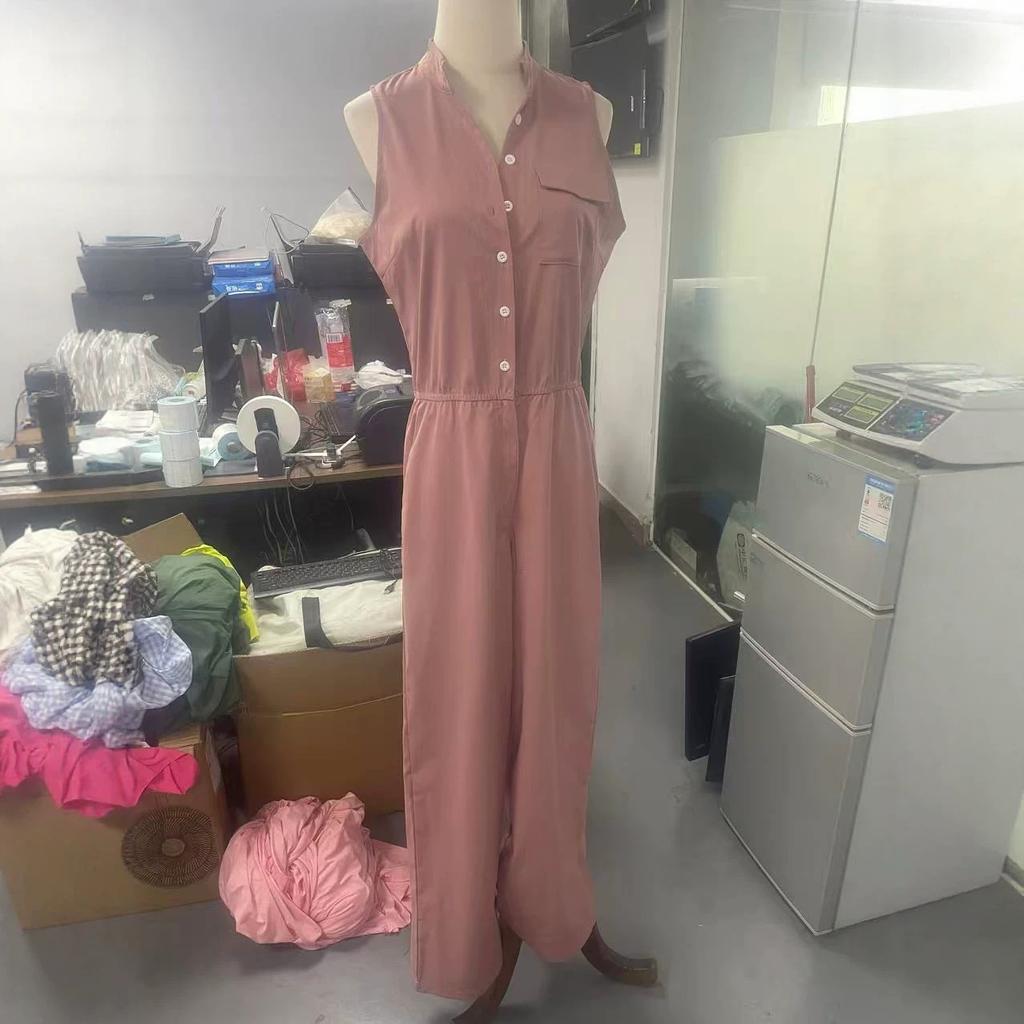 2026 New Amazon Independent Station European and American Casual Fashion Western Style V-neck Front Buckle Sleeveless Linen Jumpsuit