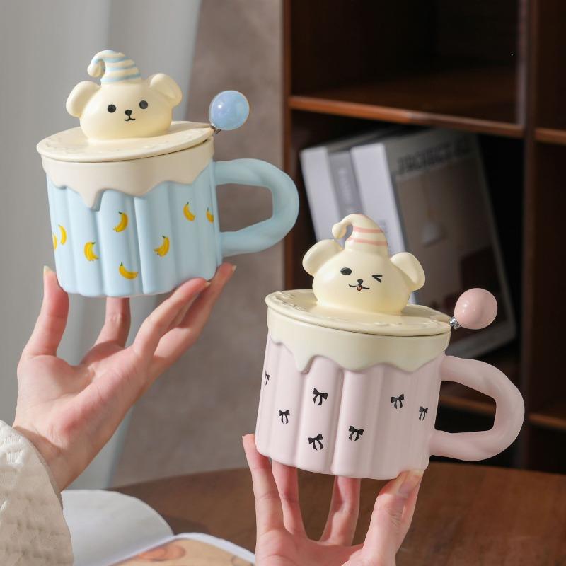 400ML European Ceramic Cake Coffee Mug with Lid and Spoon Cute Dog Design Delicate Afternoon Tea Latte Cup Home Breakfast Mug