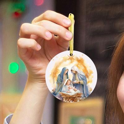 Nativity Night Ornament Round Acrylic Birth of Jesus Christ Hanging Decoration Religious Themed Christmas Keepsake for Winter Xmas Tree Decor