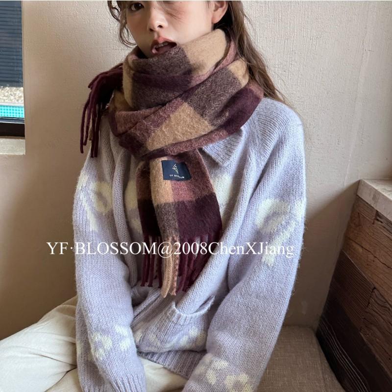 Wool large grid scarf couple versatile warm scarf shawl plaid fringed scarf