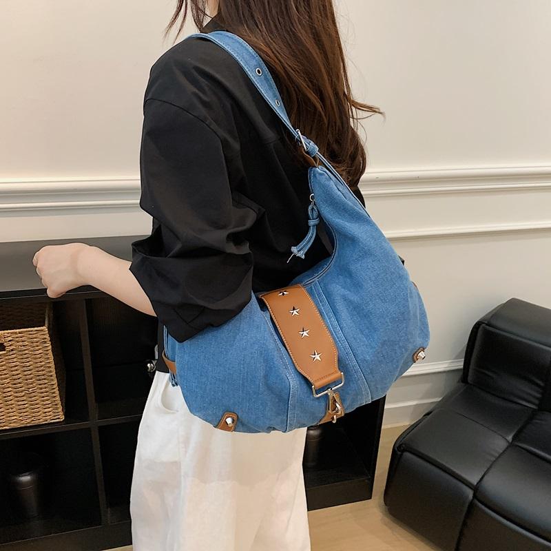 Vintage Large Capacity Denim Bag Women's Shoulder Underarm Bag Commuter Crossbody Bag