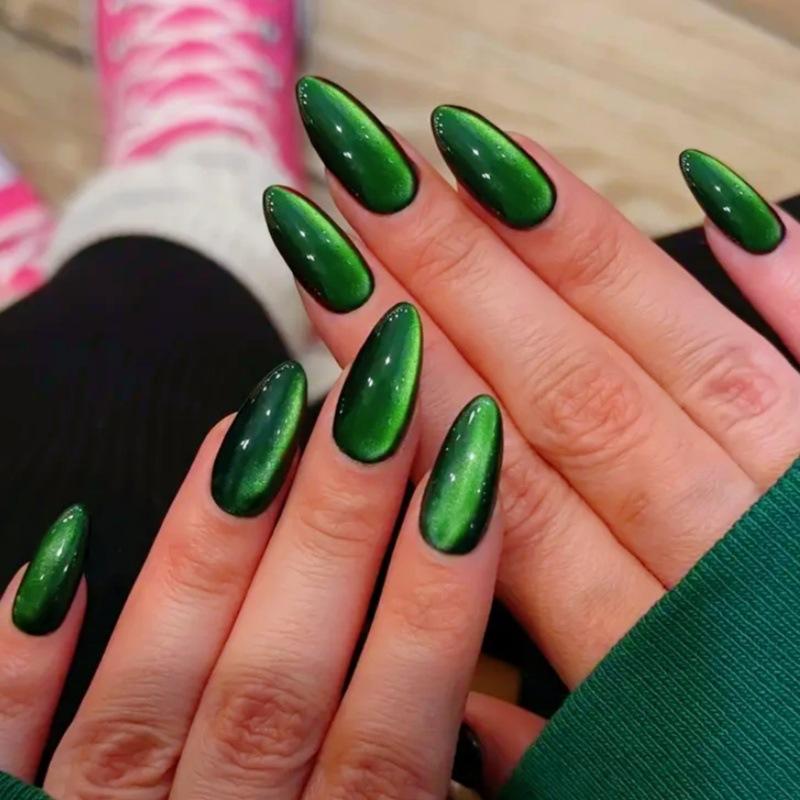 24pcs Glossy Red Cat's Eye Press On Nails Full Cover Nude Wearable Almond False Nails Charms Detachable Fake Nail For Girl