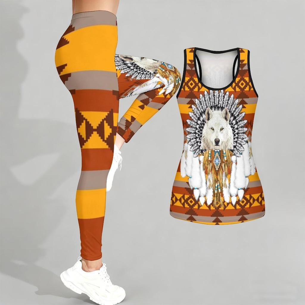 Strój do jogi z nadrukiem totemu wilka dla kobiet Modne legginsy treningowe Zestaw do fitnessu i sportu Codzienny zestaw do jogi Garnitur sportowy