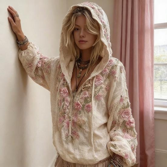 Women Tops 3D Flower Decor Hooded Zipper Sweatshirt Long Sleeve Loose Fit Autumn Winter Casual Sporty Outerwear