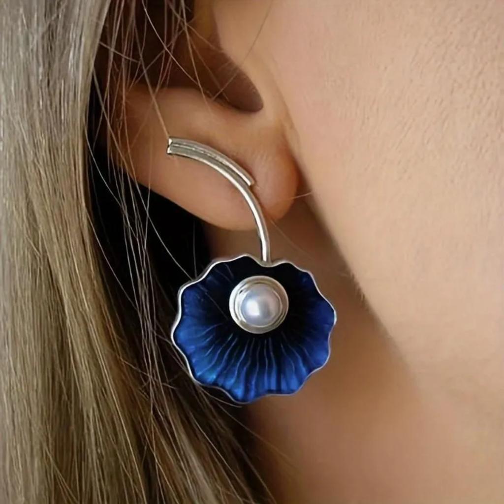 Prezent Moda Koreański Vintage Niebieski Emaliowany Liść Wiszące Perłowe Kolczyki Prezent Urodzinowy Biżuteria Etniczna Dla Kobiet
