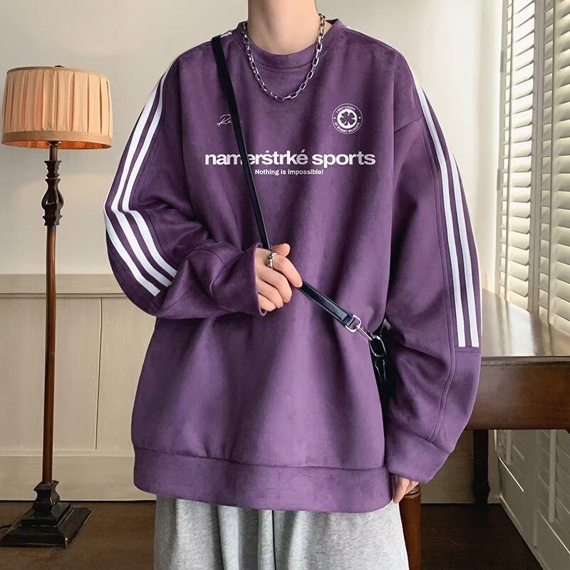 

Men’s Autumn Suede Round Neck Sweatshirt - Trendy Casual High Street Style with Three-Bar Design 3XL абрикосовий