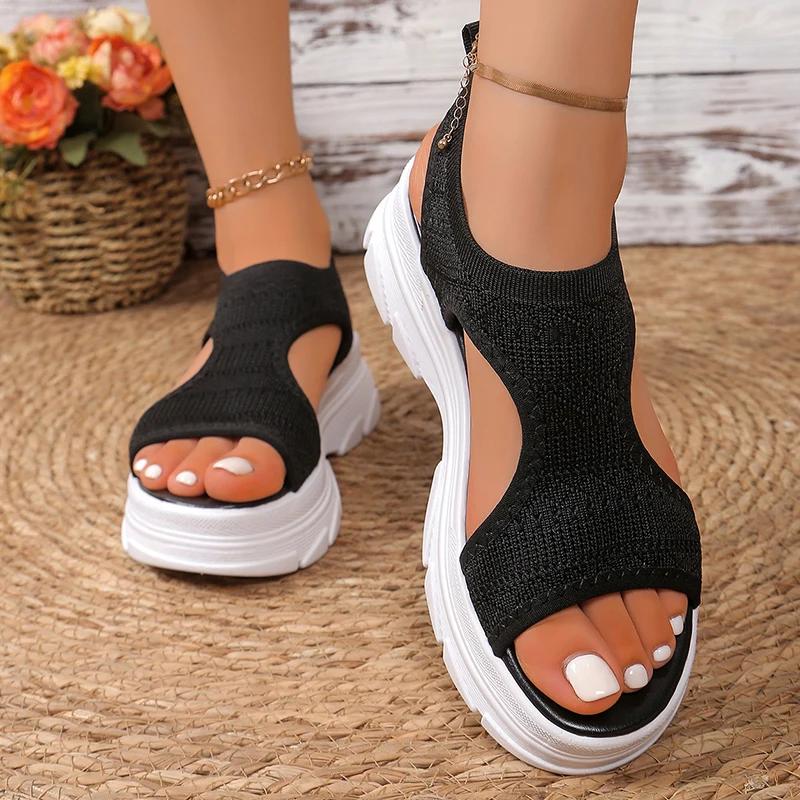 Fashion Hollow Out Knit Platform Sandals for Women 2025 Summer Fashion Breathable Sports Sandals Woman Thick Sole Non Slip Walking Shoes