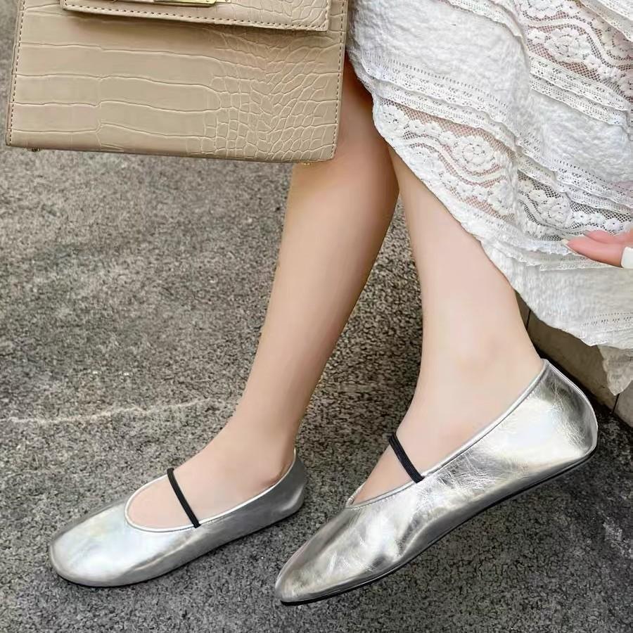 Silver Ballet Shoes Women's Flat Mary Jane Single Shoes One-word Light Mouth White Commuter Grandma Shoes