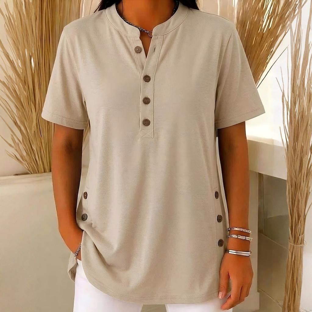 Women's Loose Casual V-Neck Button-Up Short-Sleeve T-Shirt