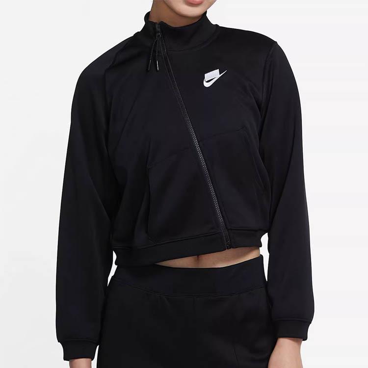 Nike Logo Printed Zip-Up Stand Collar Casual Jacket Women jackets Black CZ9365-010