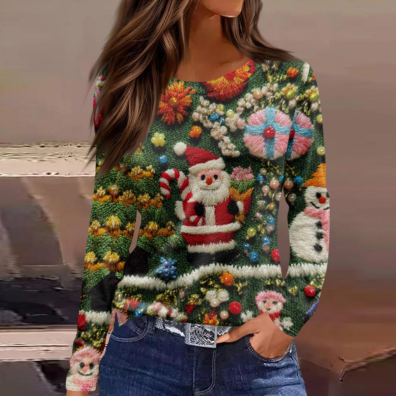 

Женская мода повседневный топ с разрезом по низу и рождественским принтом с круглым вырезом и длинными рукавами L