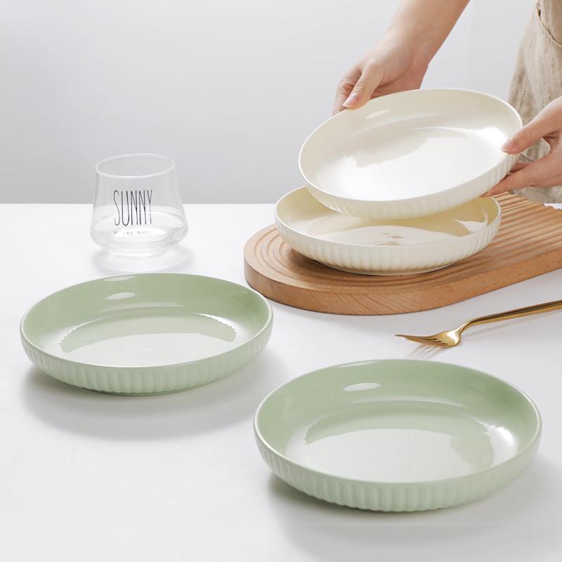 Milky White & Green Ceramic Deep Soup Plate, Microwaveable - Creative Round Tableware.
