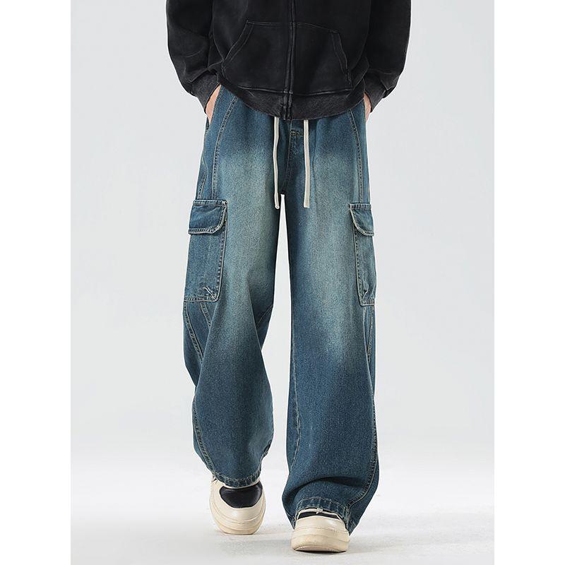 American retro trendy brand loose straight jeans men's spring and summer new wide-leg casual tooling trousers