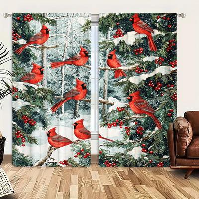 2 stuks Redbird on The Tree Gedrukt Gordijn voor Kerst Home Decor - Tunnelgordijn Raambekleding voor Slaapkamer, Kantoor, Keuken