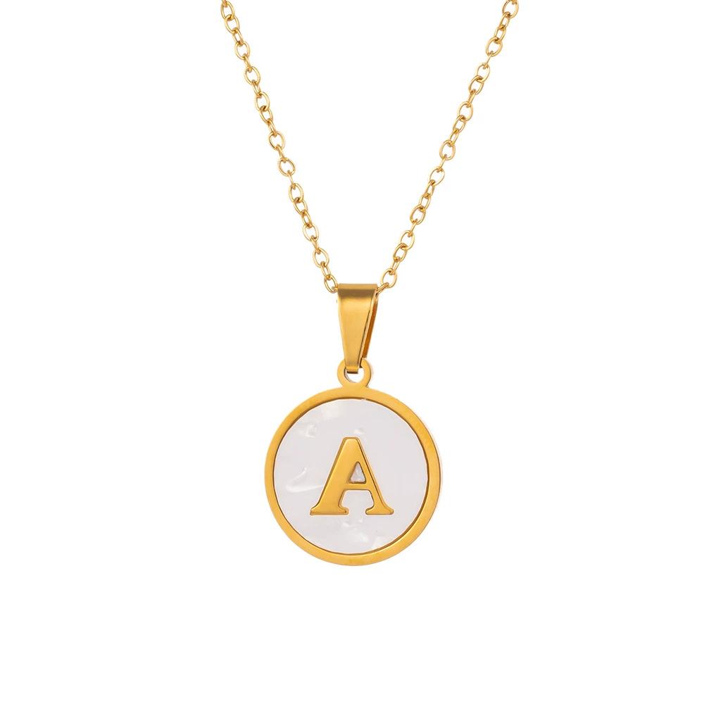 Round Gold Color 26 Letter Necklaces Alphabet Shell Pendant Necklace for Women Men Stainless Steel Chain Jewelry 1PC