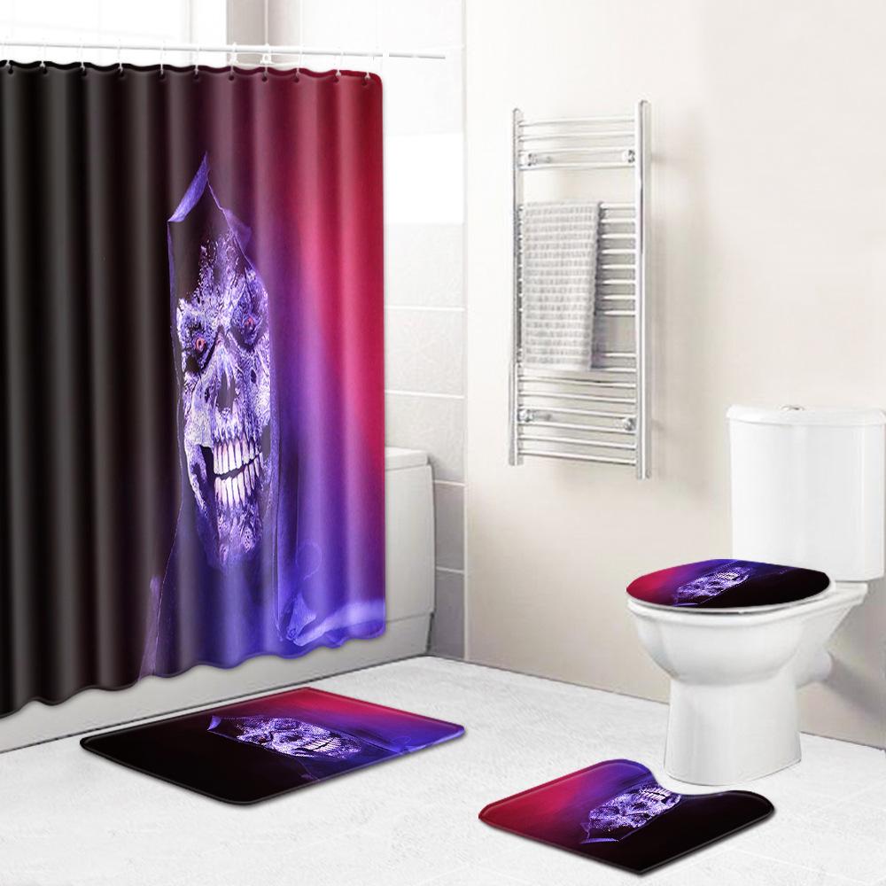 Thriller Skull Shower Curtain Floor Mat Combination Four-Piece Set Bathroom Toilet Carpet Mat Foot Mat