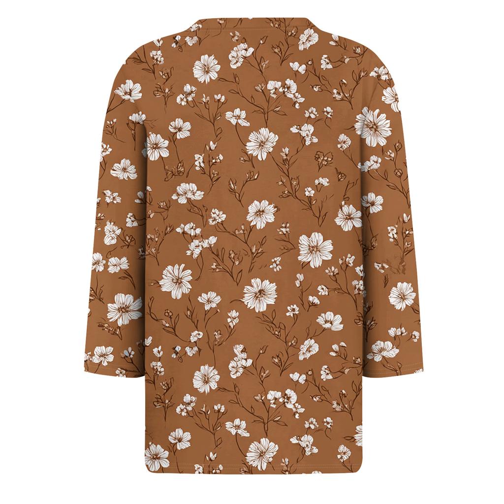 Dámské módní ležérní tričko s kulatým výstřihem, květinovým potiskem a tříčtvrtečními rukávy