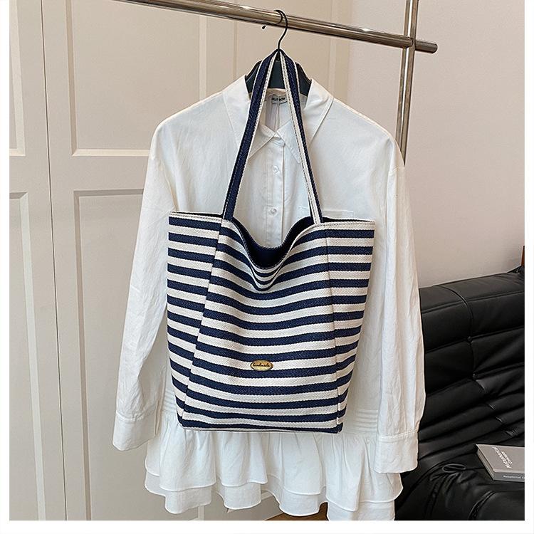 Striped Canvas Double-sided Usable Bag, Tote Bag, Casual Shoulder Bag, Large Capacity Shopping Bag