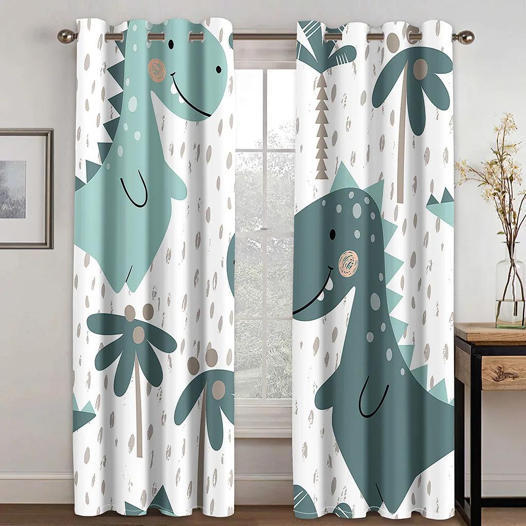 Selling Funny Cartoon Children Cute Dinosaur Cloth Curtain for Living Room Bedroom Nursery Room Kindergarten 2 Pieces