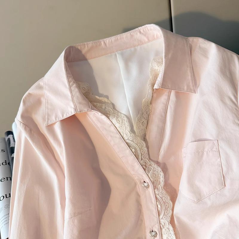 Lotus Root Powder Sweet & Spicy Lace Spliced Long-Sleeve Women's Fashion Shirt