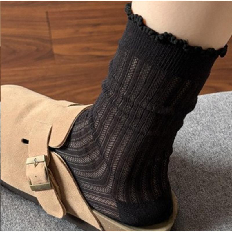 Female Summer Thin Style Leisure All Match Lace Pure Color Hollow Breathable Mesh Tube Stack Socks