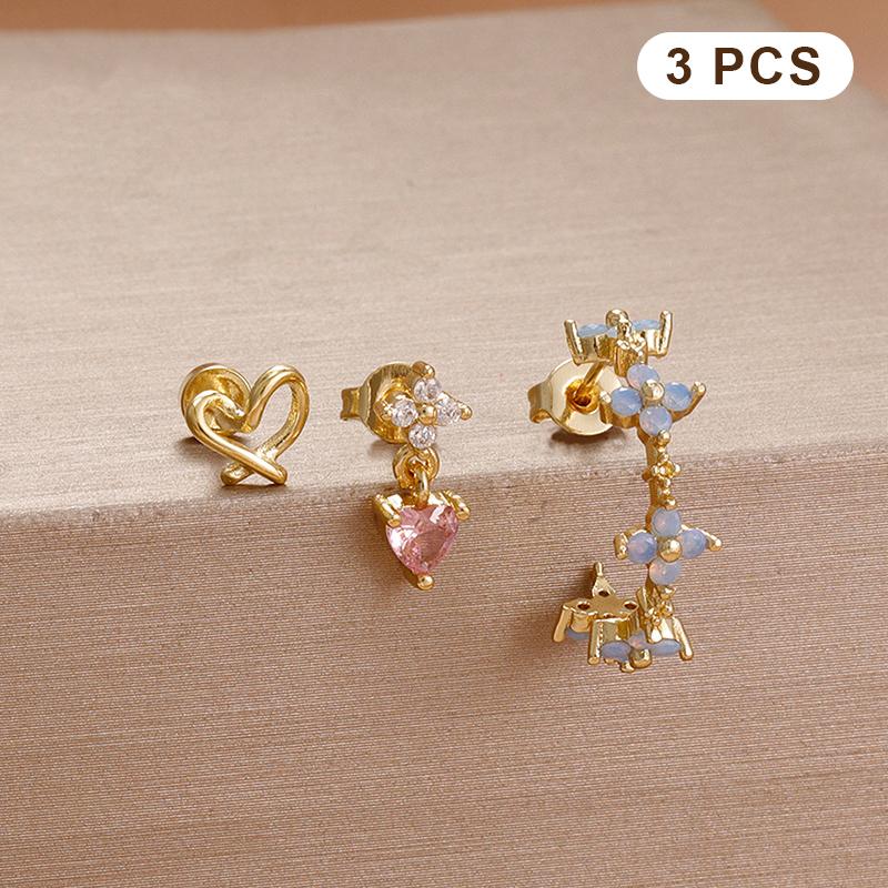 3Pcs  Zirconia Flower Heart Huggie Hoop Earrings Set For Women Exquisite Pendant Ear Stud Piercing Jewelry Gift