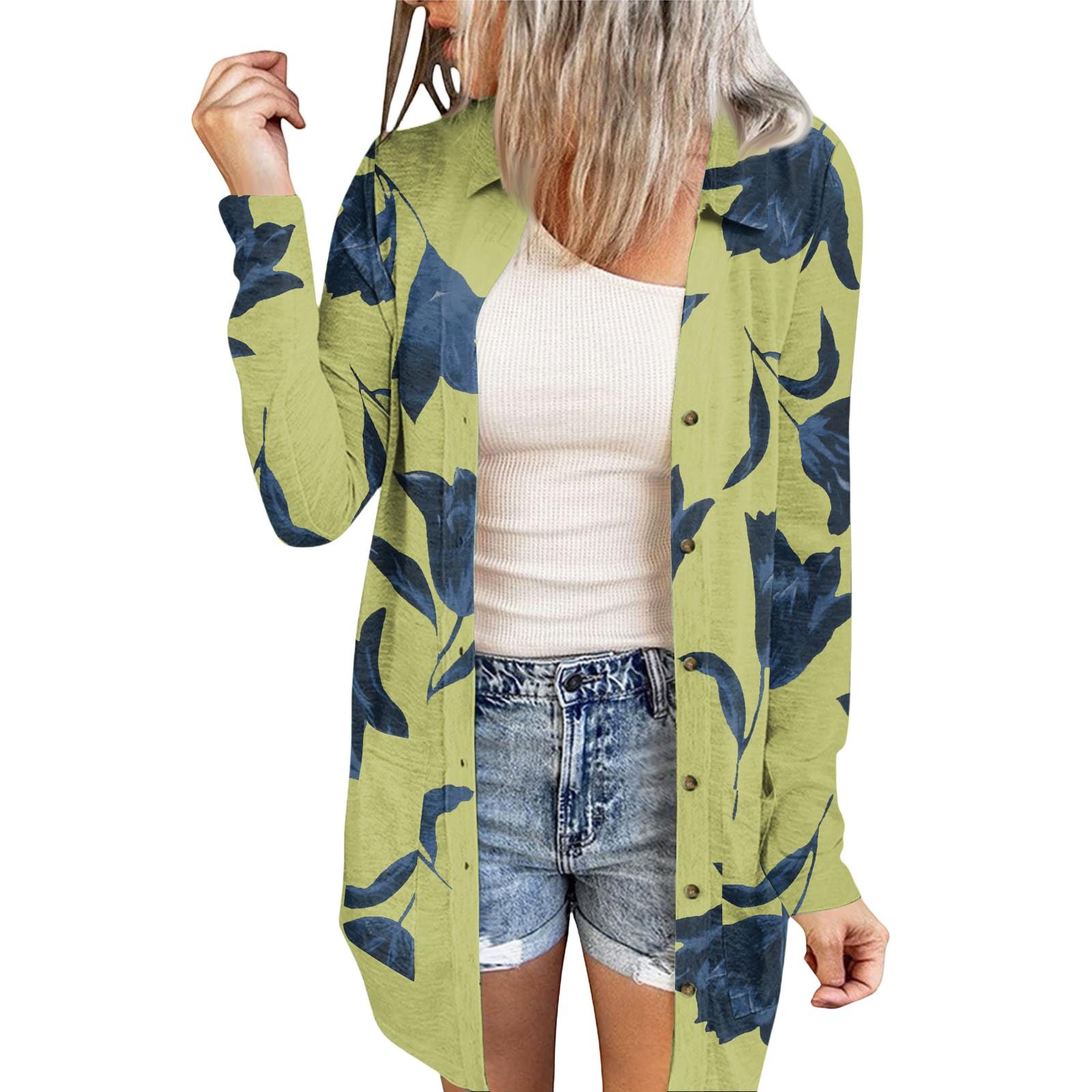 

Женский повседневный модный кардиган-жакет средней длины с длинными рукавами и цветочным принтом XL жёлтый