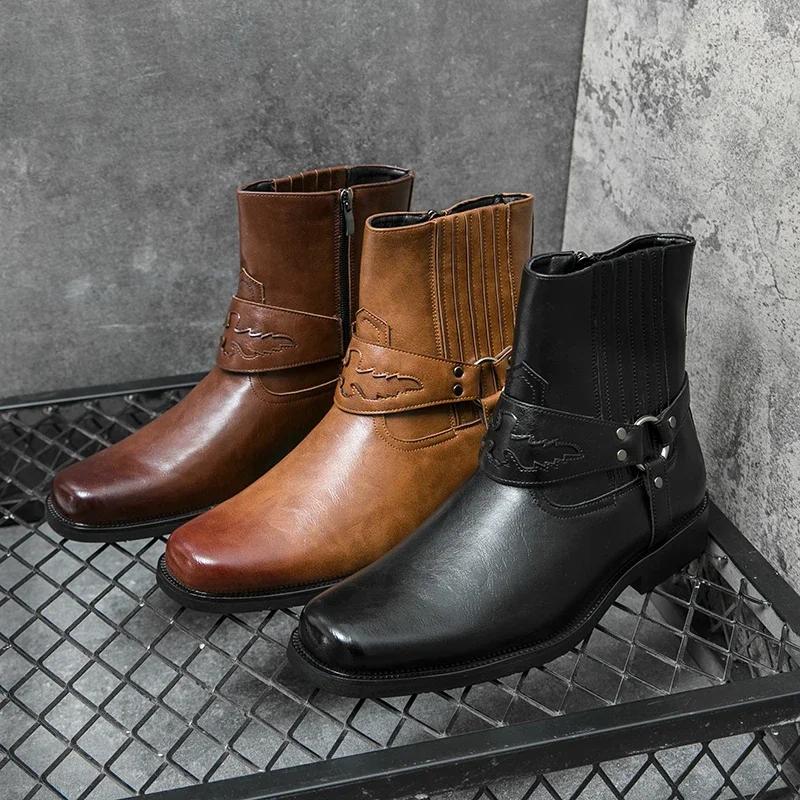 Men's Leather Buckle Chelsea Boots Men's Boots Black Western Cowboy Boot Zipper Vintage Brown Motorcycle Leather Boots