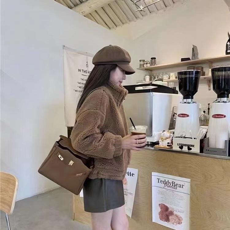 Sherpa Cardigan Stand Collar Jacket Women Winter Loose Lazy Style Basic Plush Thick Short Hoodie