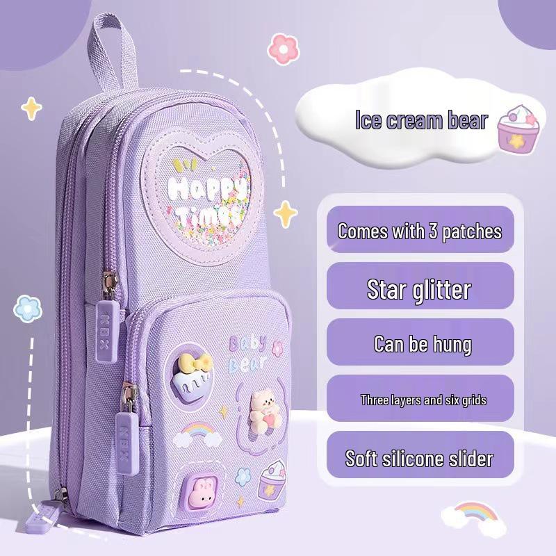 Three-Layer Large-Capacity Cartoon Pencil Case for Primary School Girls - Cute and Simple Design