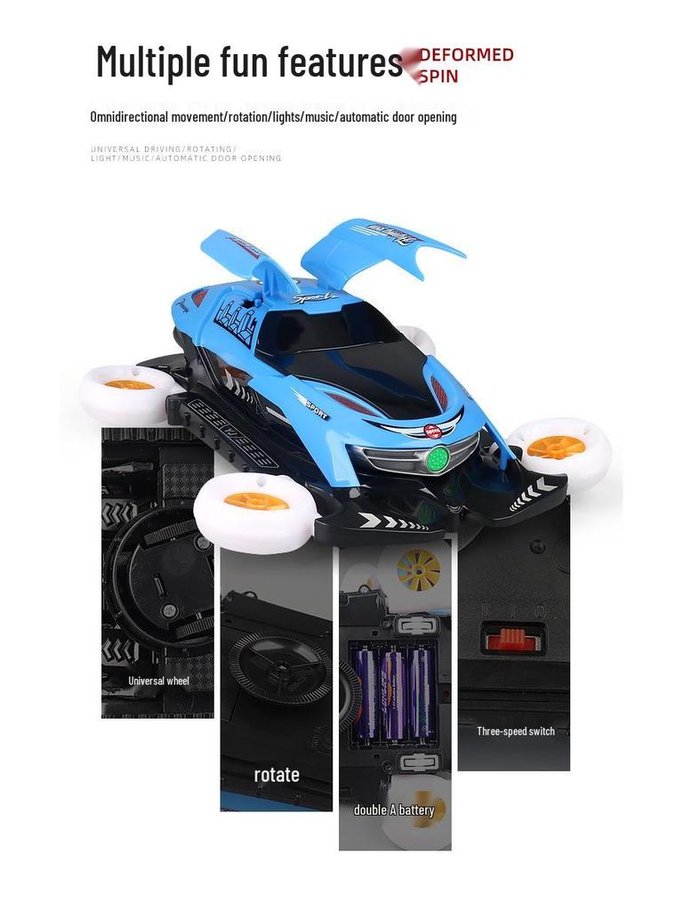 Electric Stunt Car: Colorful Music Lights, 4-Wheel Rotation, Auto Door Transform