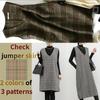 Check Jumper and Long 2 Gray and Dress [1/2style] V-neck Skirt, Knee-Length Length, Patterns, Brown, Sleeveless, Layered, Figure-Flattening (Brown, L)