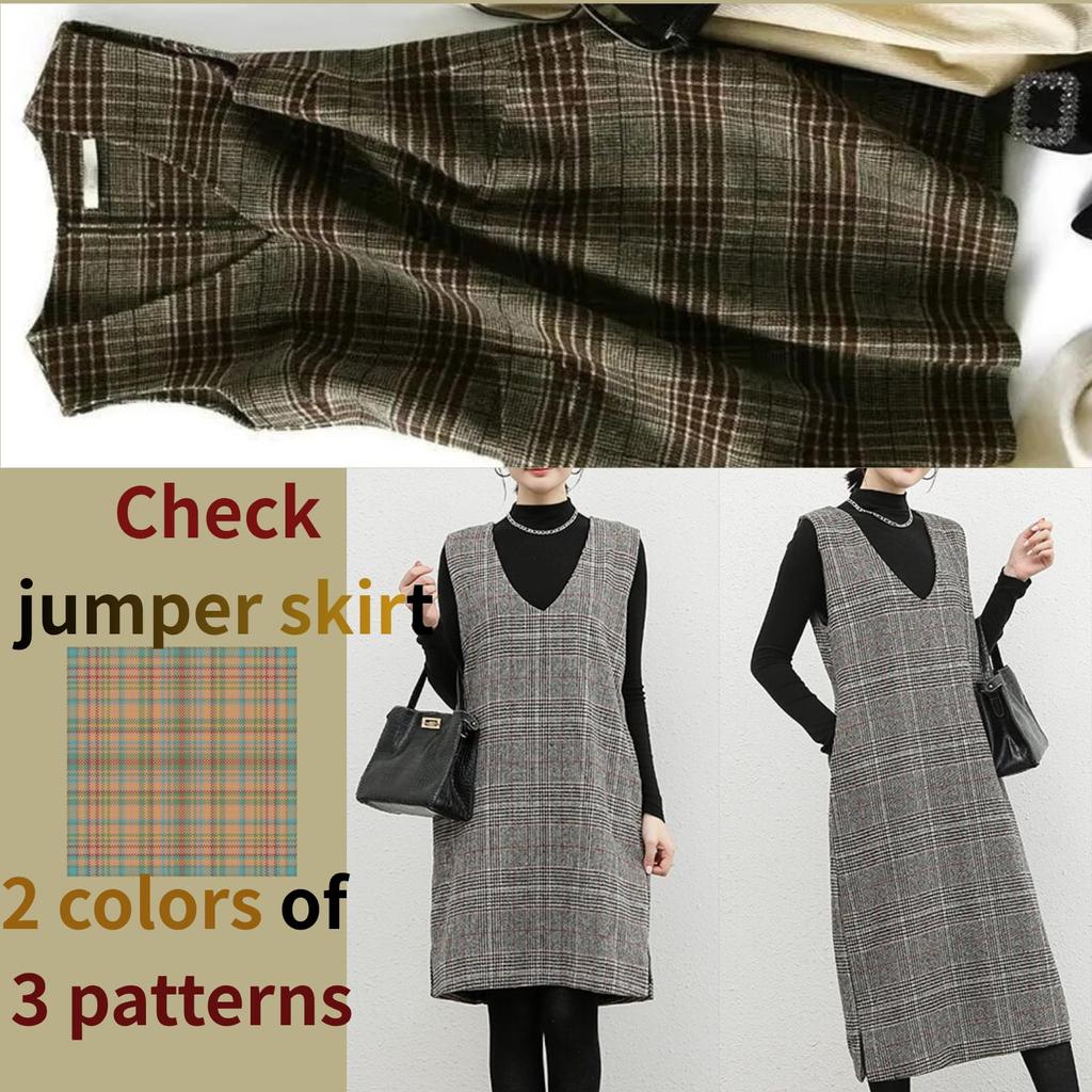 Check Jumper and Long 2 Gray and Dress [1/2style] V-neck Skirt, Knee-Length Length, Patterns, Brown, Sleeveless, Layered, Figure-Flattening (Brown, L)