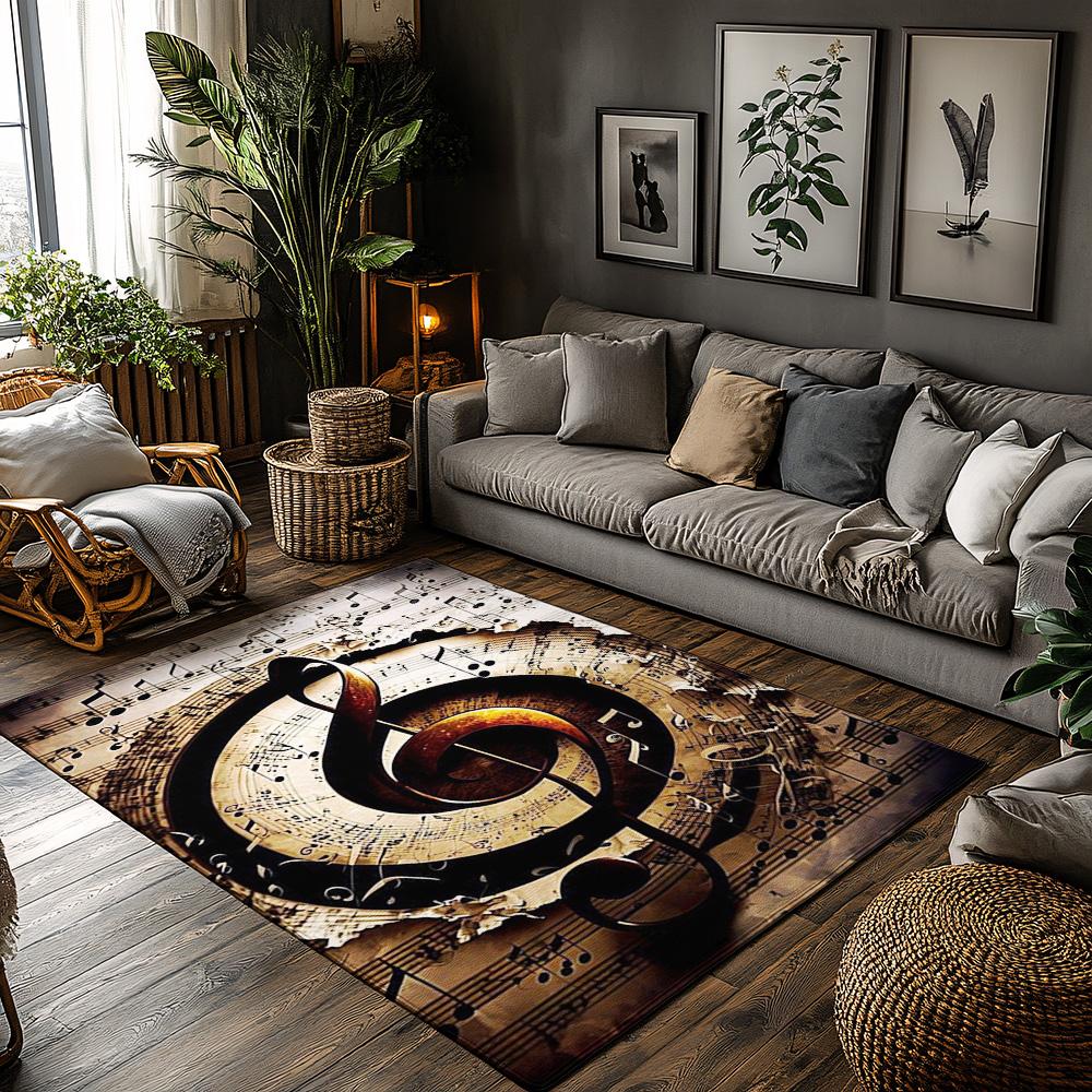 

Golden Treble Clef Music Rug, Brown Black White Note Pattern Carpet, Plush Non-Slip Living Room Mat for Piano Studio Decor 50x80cm