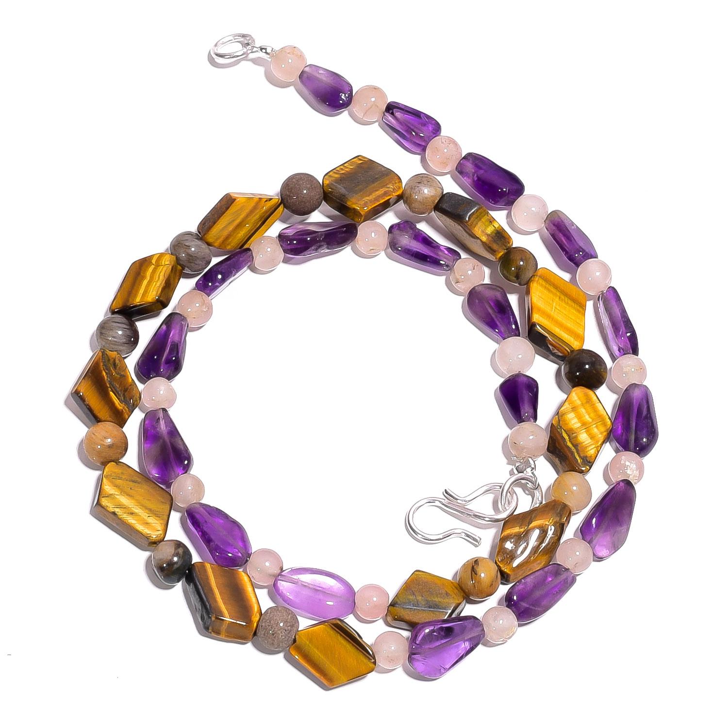 

Natural Tiger Eye Amethyst Rose Quartz Gemstone Smooth Beads Necklace 17 UB4177 UB-4177