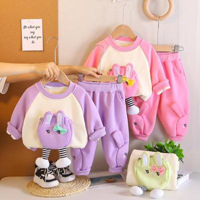 0-5-year-old Girls' Long Sleeved 2-piece Set, Cute Girls' Fleece Pocket Hoodie, Casual Pants, High-quality Children's Clothing