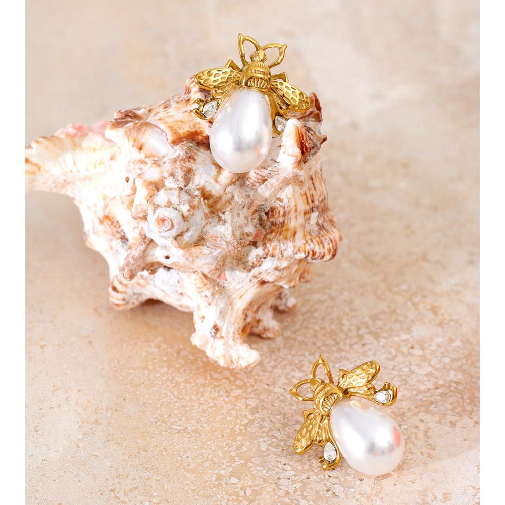Yhpup Popular Simulated Pearls Zircon Bee Stud Earrings Golden Stainless Steel Attractive Chic Jewelry New Wholesale