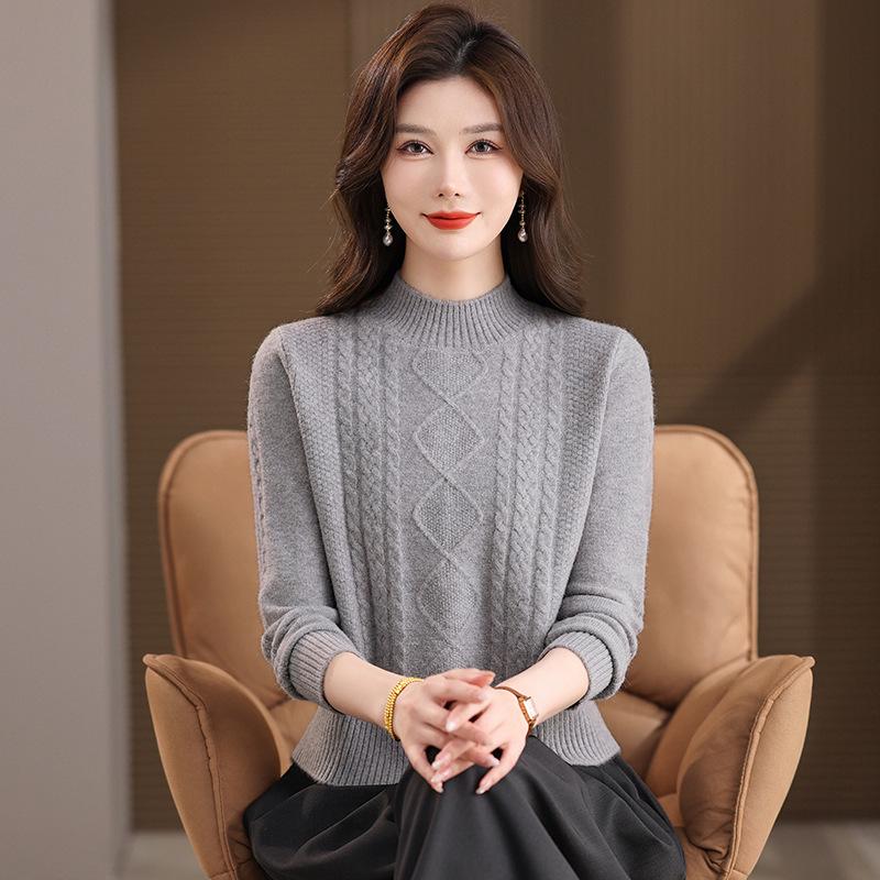 

Women s Autumn & Winter Half-High Neck Knitwear: Warm Diamond Cable Slimming Top for Inner or Outer Wear, Gentle Temperament. 115 Recommended серый