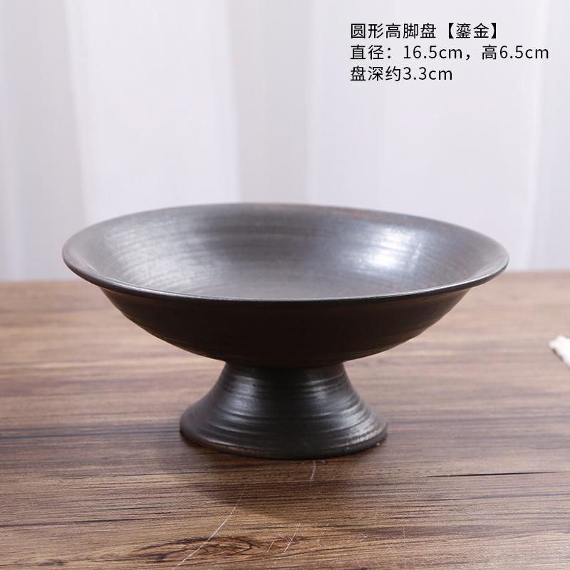 Chinese Retro Glazed Ceramic Plate High Foot Fruit Dish Japanese Zen Tea Tray for Home