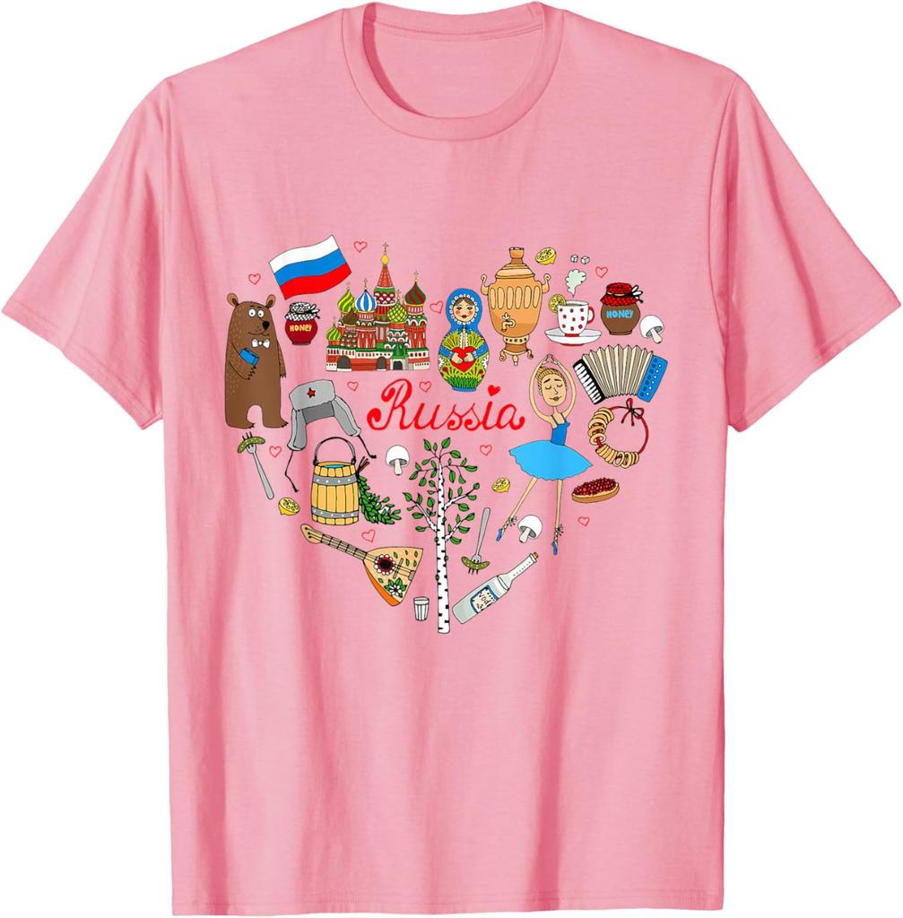 Russia Symbols Heart Collage Graphic Tee Breathable Casual Trip T-Shirt For Men