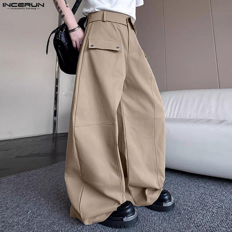 INCERUN Men Zip-up Waist Casual Baggy Drop-crotch Pants Long Trousers