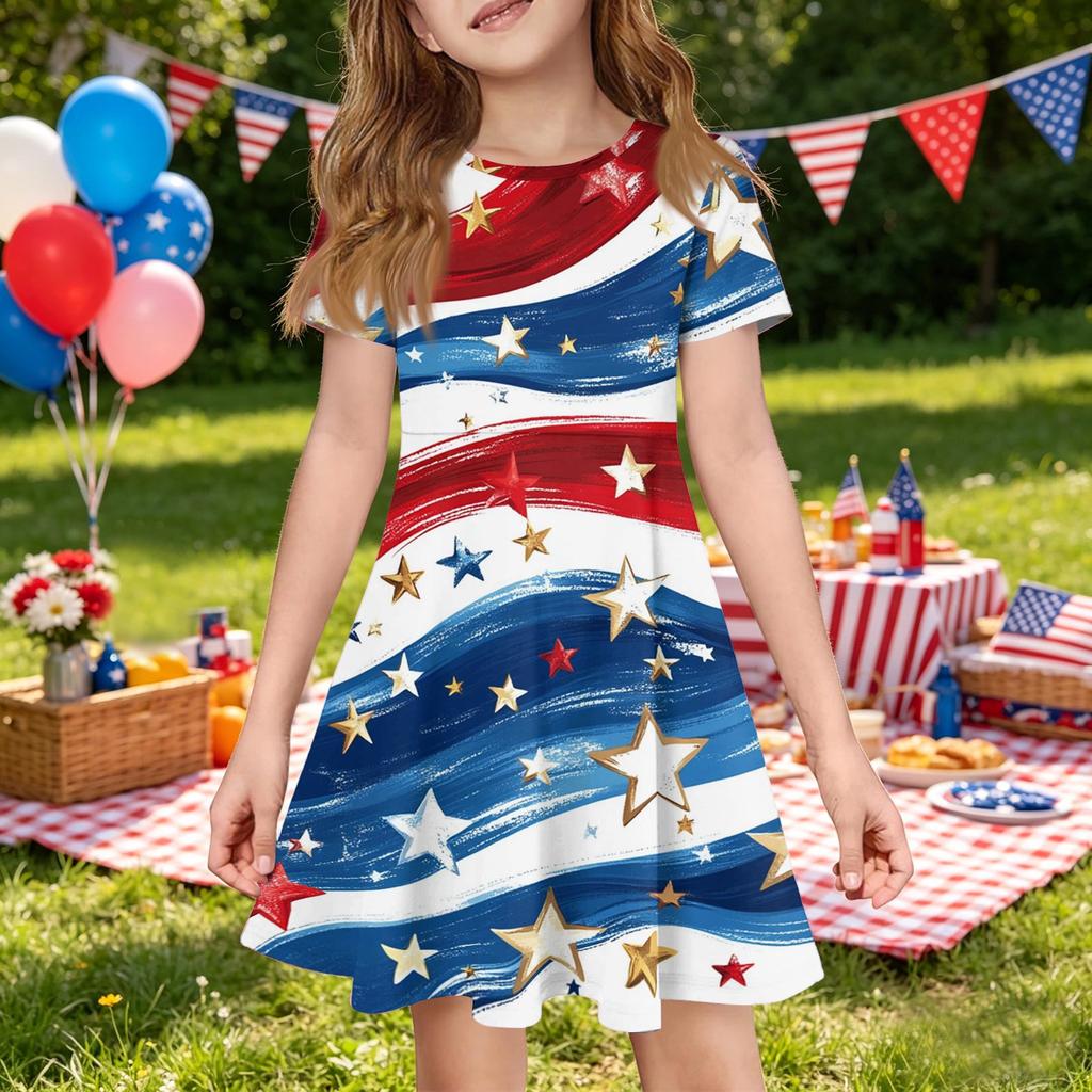 Girls Short Sleeve Dress with Pocket Independence Day Star Print Casual A-Line Dress for Summer Comfortable Fit