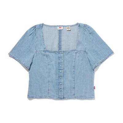 Levis Solid Color Square Neck Short Sleeve Shirt Women Tops Blue A7332-0004