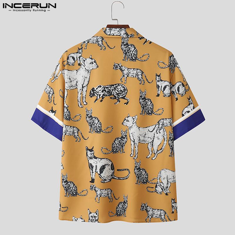 INCERUN Two Pieces Sets Men Short Sleeve Cartoon Print Shirts Pants Casual Loose Outfits