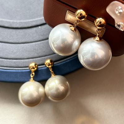 S Silver Needle Large Pearl Pendant Earrings Women's Hong Kong Style Temperament Metal Stud Earrings Real Gold Electroplating New Earrings