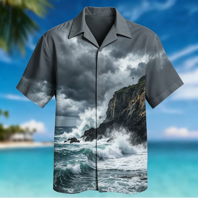 Vibrant Tropical Coastal Print Short Sleeve Shirt Casual For Men ,suitable For Daily Wear With Scenic And Relaxed Charm