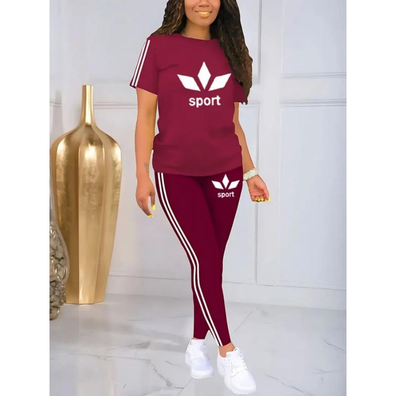 Damen Stretch Kurzarm T-Shirt Hohe Taille Lange Hosen 2-teiliges Workout Yoga Outfit