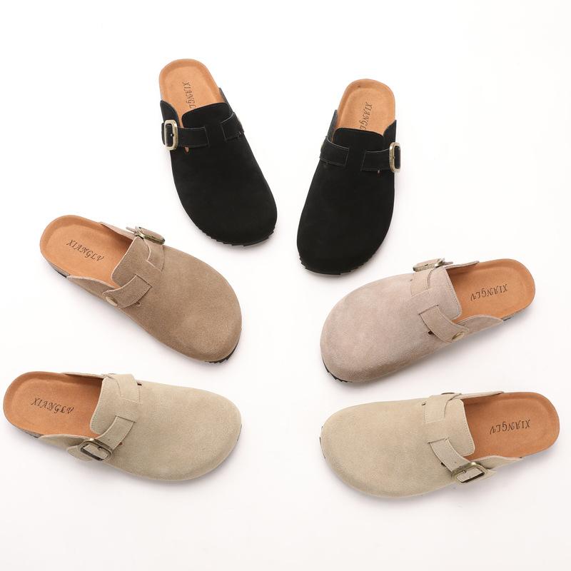 Anti suede cowhide toe wrapped Boken shoes with arched support made of cork worn for lazy women in semi slippers